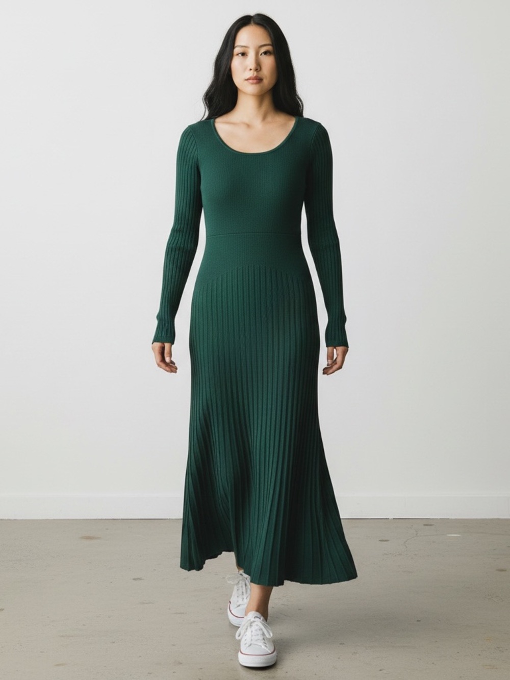 Peruvian Connection Sz XS Long-Sleeve Scoop Neck Ribbed Midi Dress Forest Green